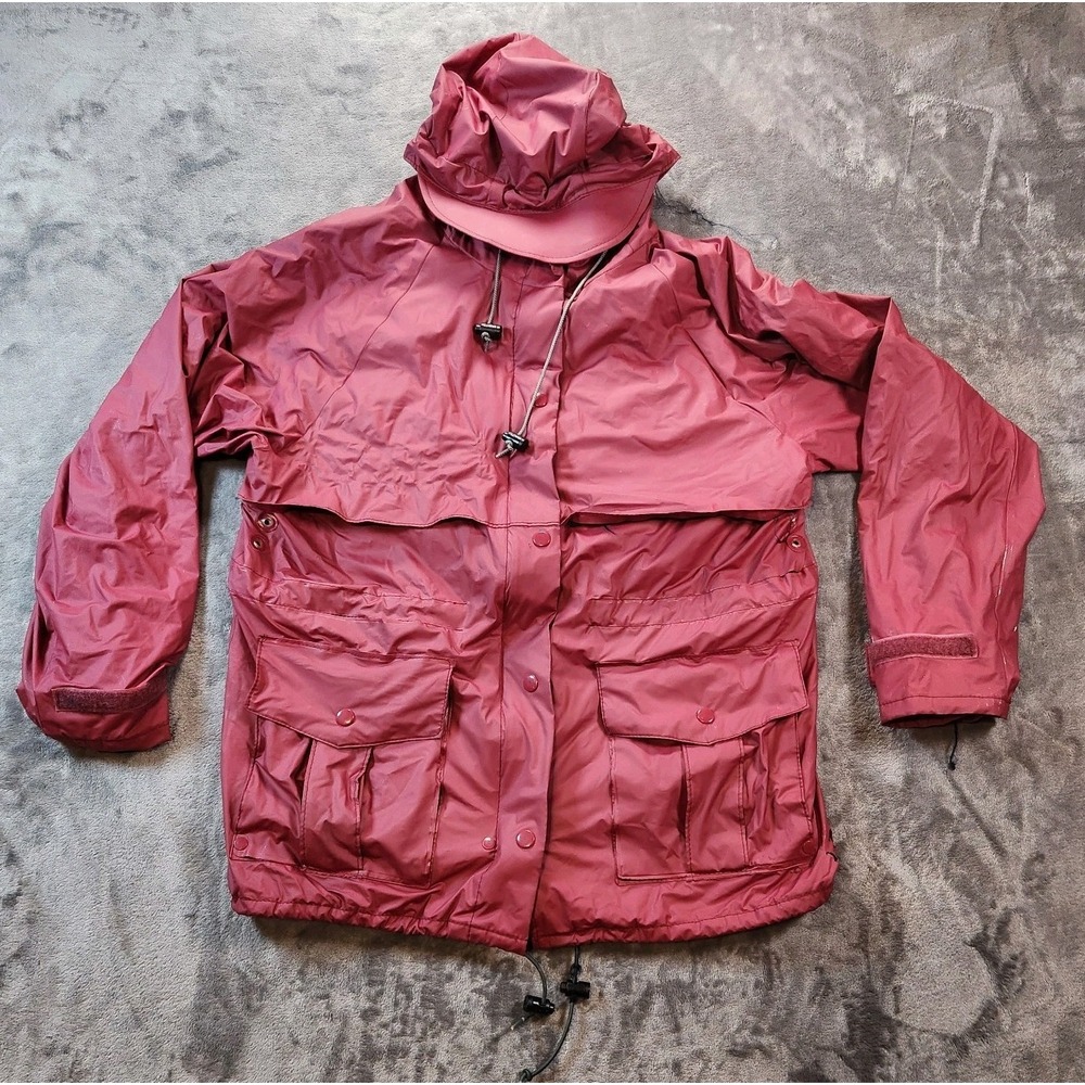 LL Bean Rain Jacket Womens Medium Red Maine Guide Series Cargo Hooded Vintage